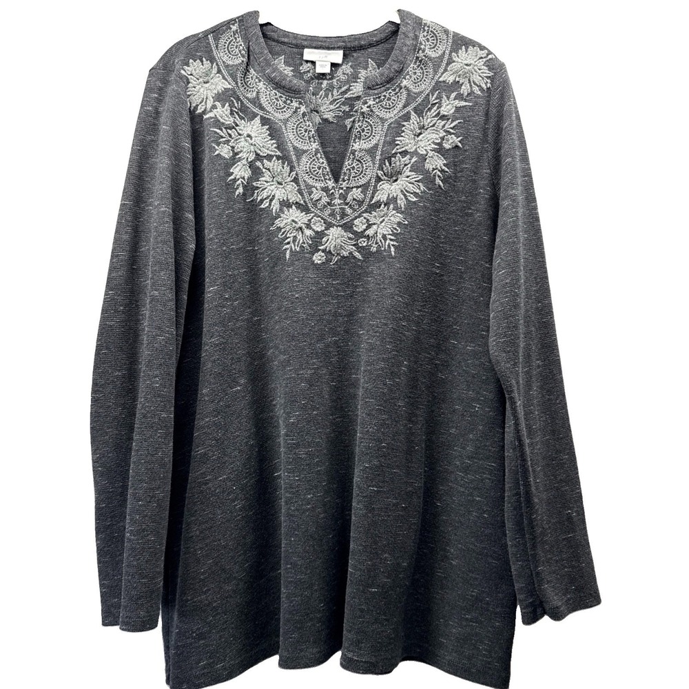 J Jill Women's Top Sz Large Gray V Neck Embroidered Bohemian V Neck Cotton Blend